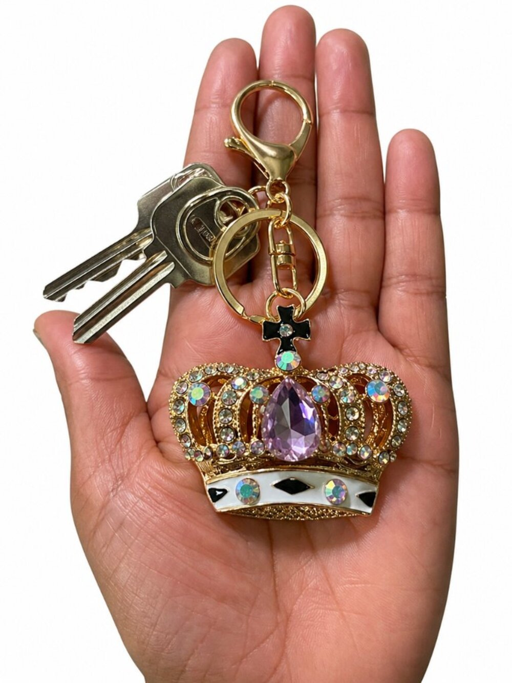 Gold Crown Rhinestone Keychain Crystal Charm Bling Key Ring Purse Bag Charm